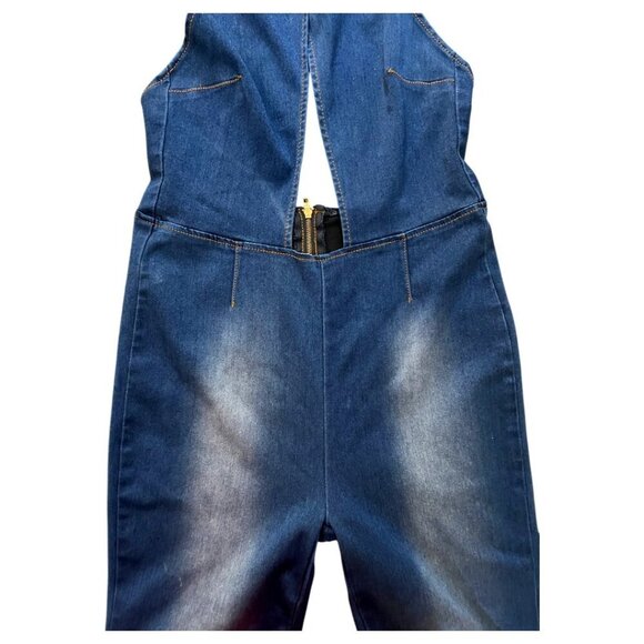 Mitzi Michel Open Back Flared Leg Stretch Denim Jumpsuit Women's Small - Picture 6 of 16